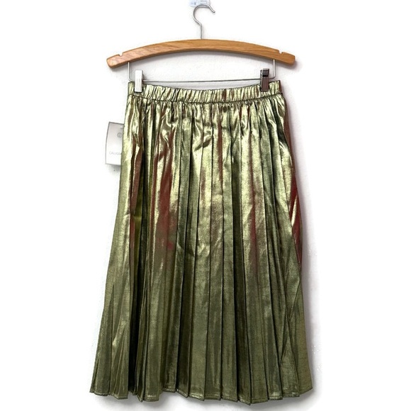 Calligraphie Gold Metallic Women’s Pleated Midi Skirt Size Medium - Picture 2 of 6